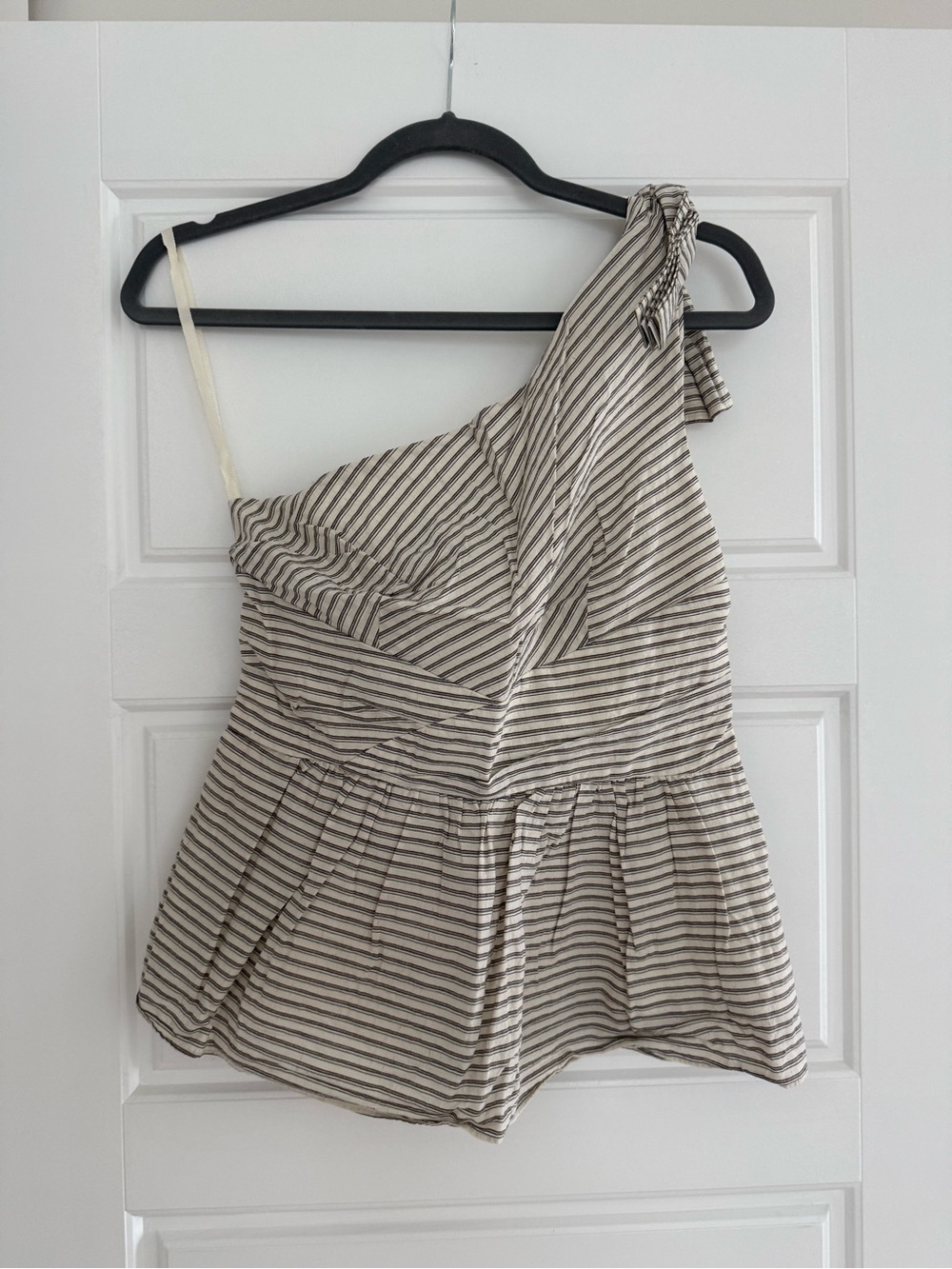 Anthropologie Cream and Taupe Striped One-Shoulder Tank.